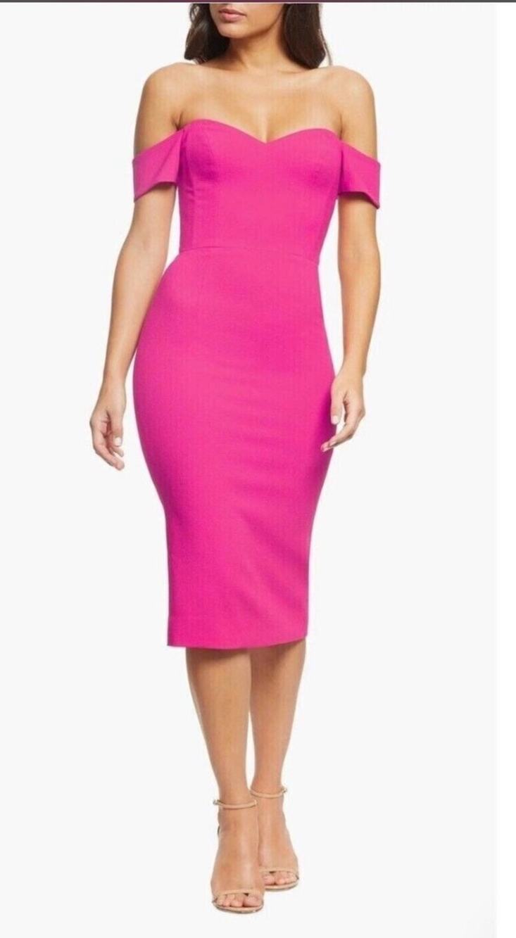 Dress The Population Bailey Off-Shoulder Bodycon Midi Dress in Hot Pink, Large
